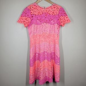 Shoshanna Rio Floral Lace Mini Dress Pink Ombre Stripe 4 Lined Short Sleeve